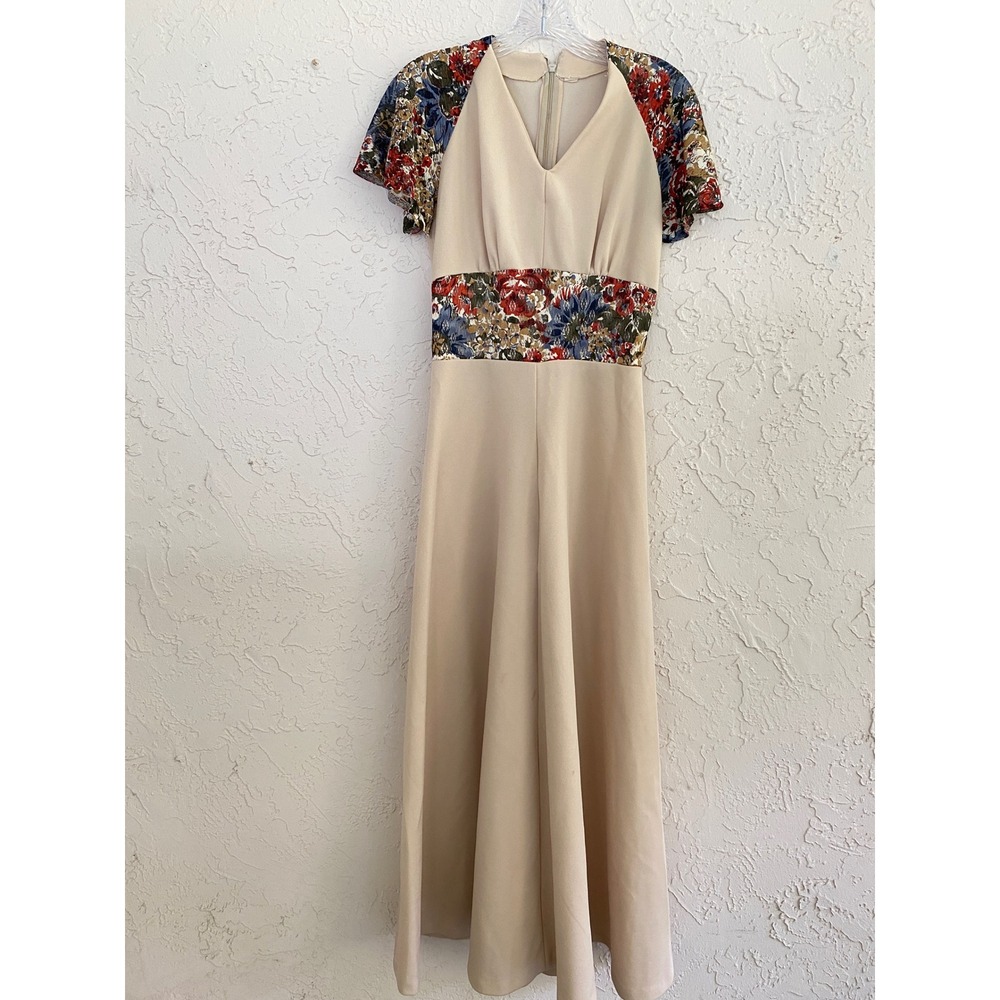 Handmade 70s Retro Maxi Dress Women S Khaki Floral Sleeve V-Neck Vintage